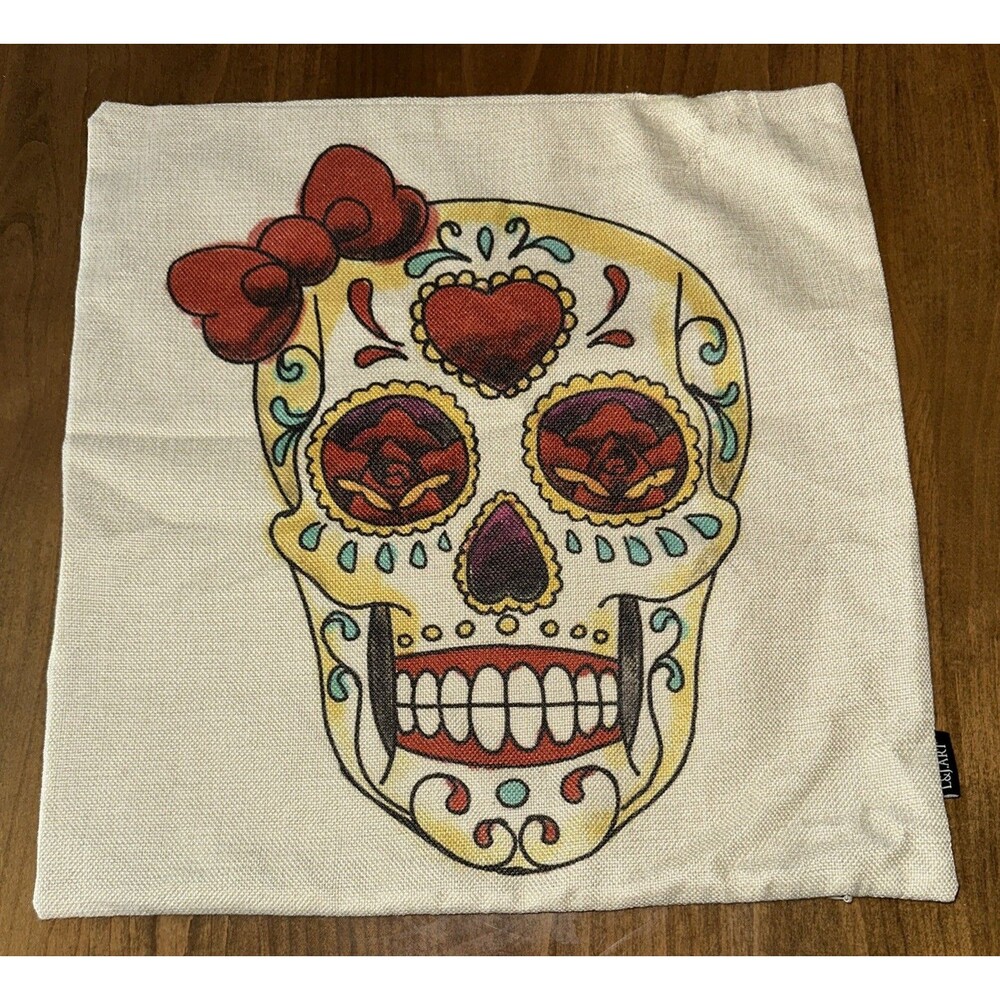 Day of the Dead Sugar Skull Beige Colorful Bow Pillow Cover Diade Muertos READ